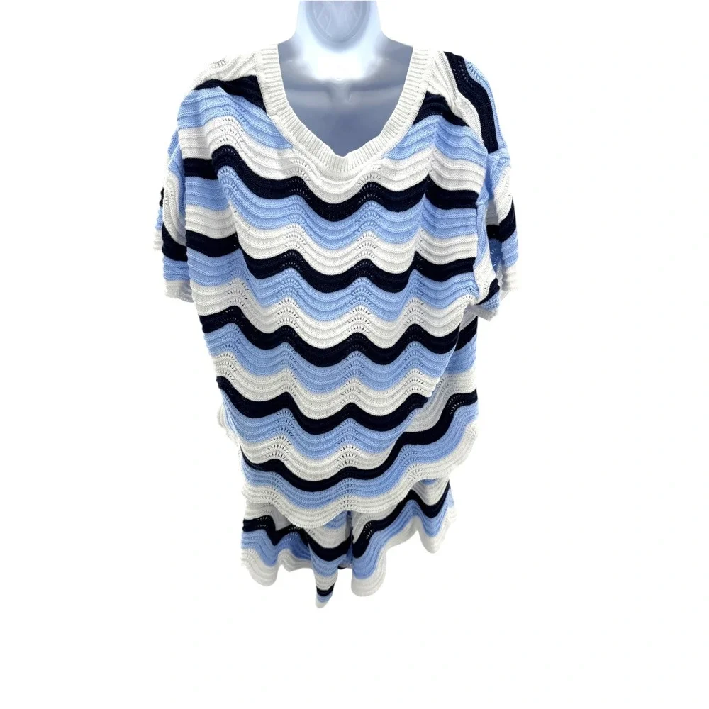 Hunter McGrady x Edited Blue White Chevron Crochet Knit Set Top XXL Shorts 1X